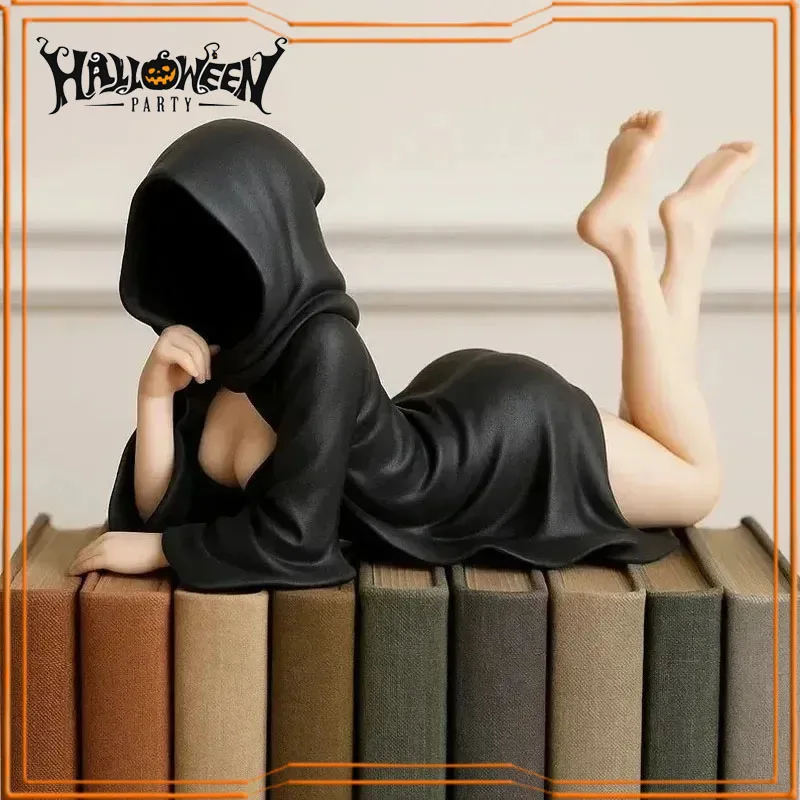Gothic Mysterious Statue Queen Ornaments Elegant Black Robe Masked Woman Resin Decor Bookshelf Artistic Ornament Halloween Gift