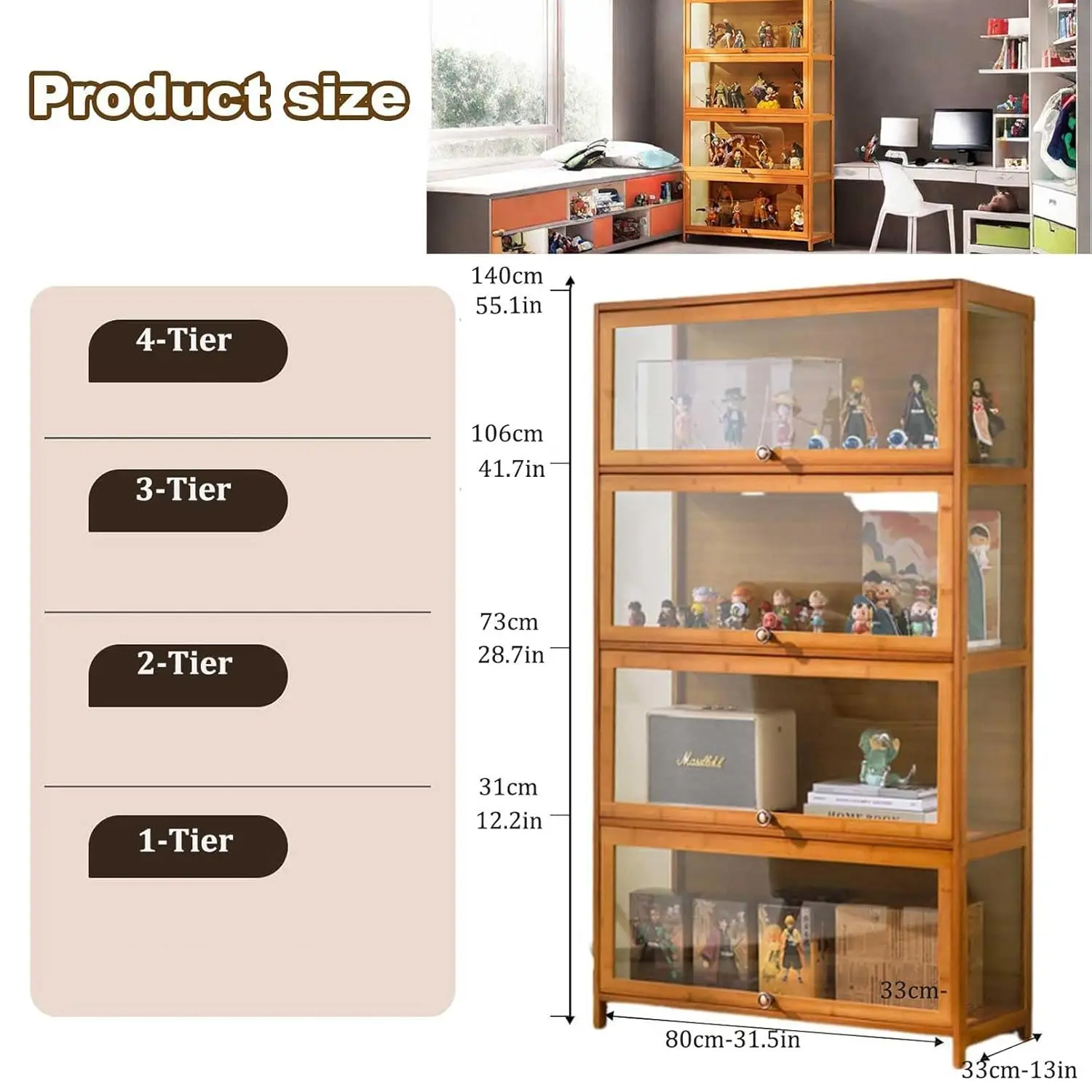 Display Cabinet Curio Cabinet with Acrylic Doors, Figures and Curio Collection Display Case, Floor Standing Clear, Customized