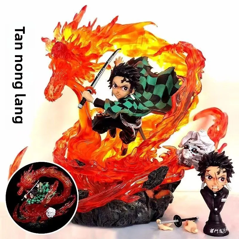 Anime Demon Slayer figure GK simplified carving Kamado Tanjiro figure, model can light up, decorative toy, Christmas gift