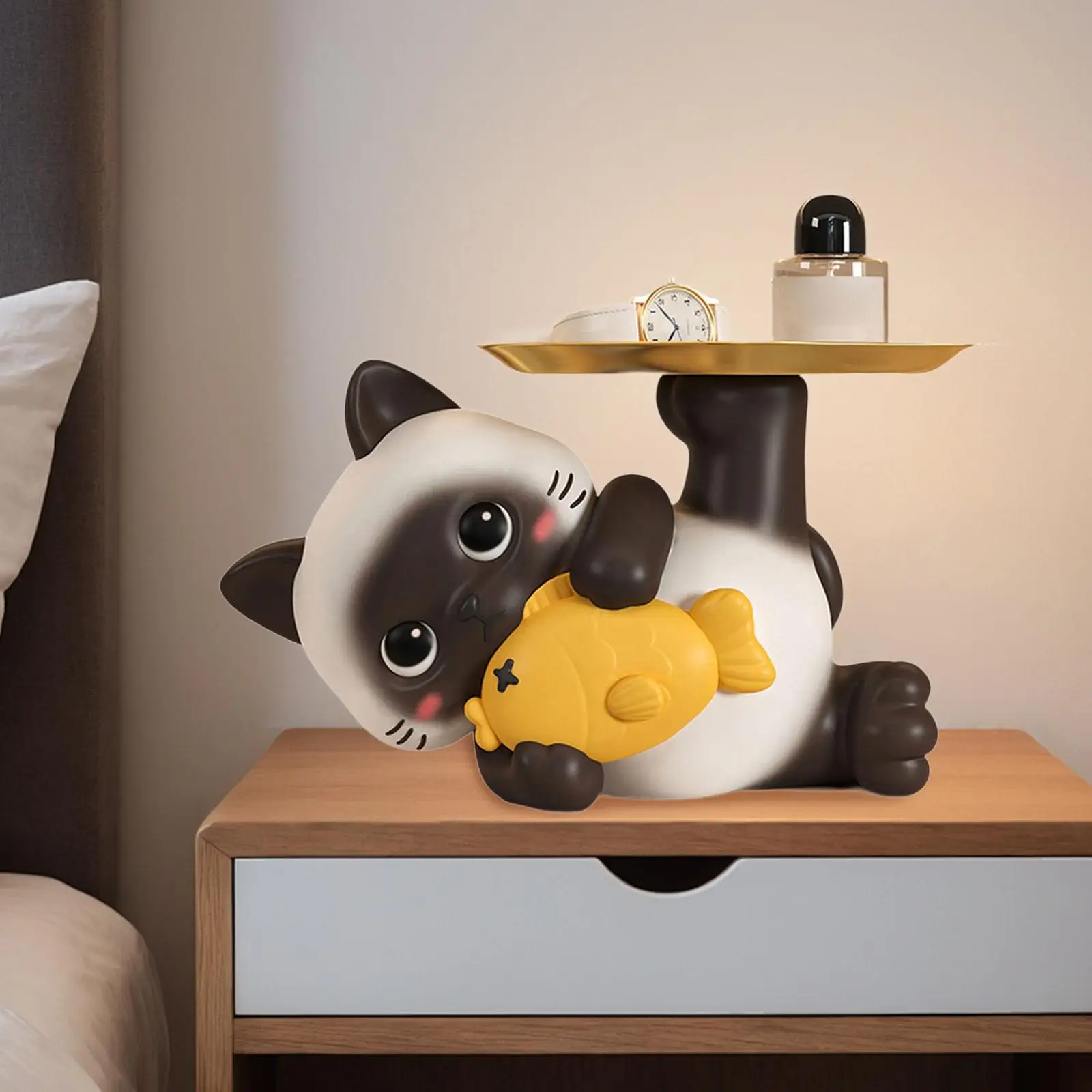 Resin Cat Side Table with Tray Art Crafts Creative Home Decor Cat Statue for Candy Cabinet Shelf Storage Display Bedroom