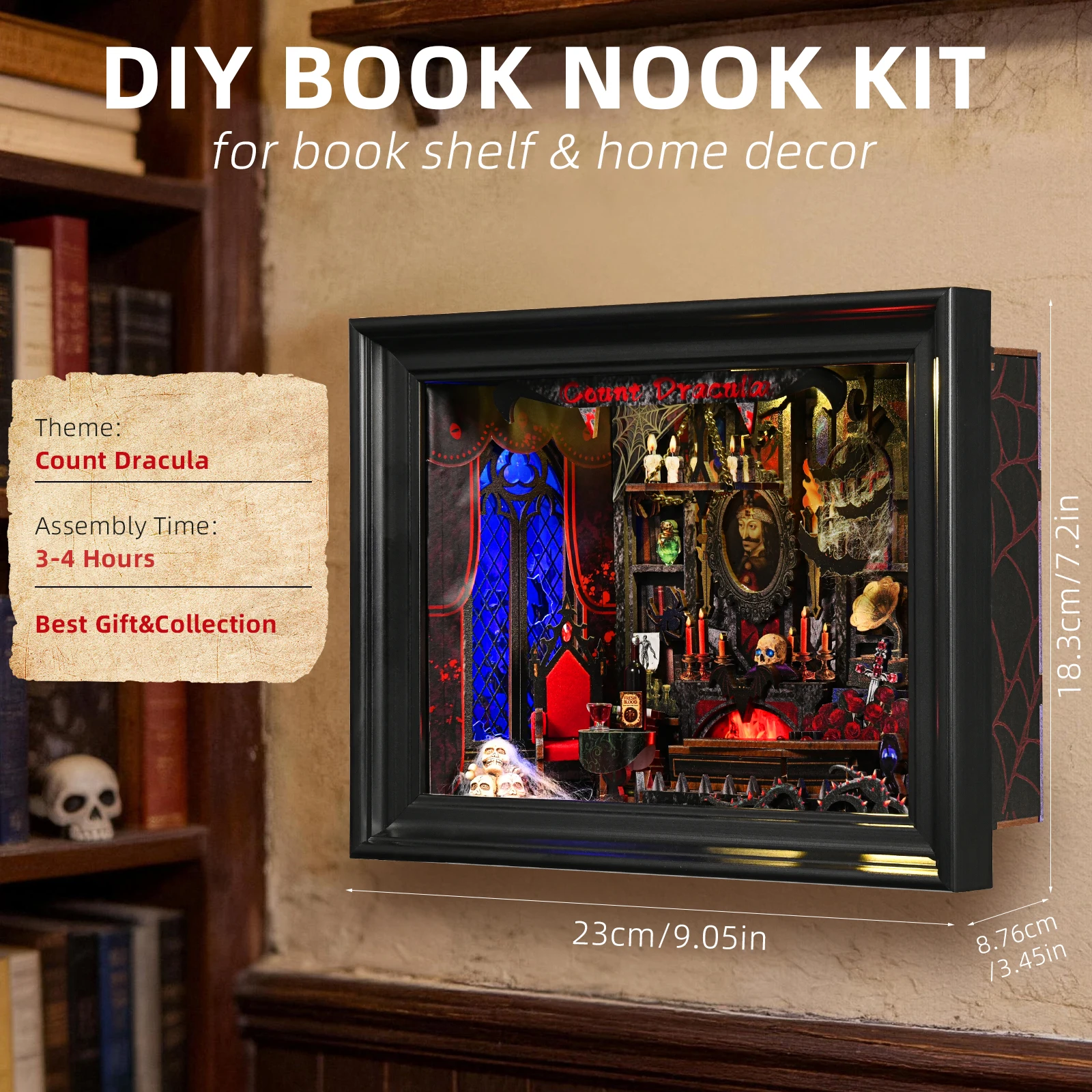 DIY Book Nook Kit Vampire Dracula Wooden Bookshop Dollhouse with Light Bookshelf Insert 3D Puzzle Decor for Gift