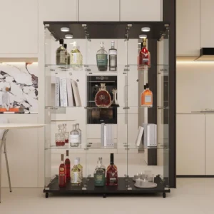 Glass Display Cabinet 12 Shelves with 3 Columns 2 Doors, LED Light, Mirror and Lock, Curio Cabinets Quick-Install, Customized