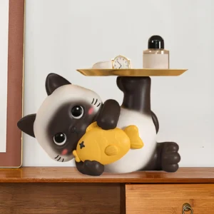 Resin Cat Side Table with Tray Art Crafts Creative Home Decor Cat Statue for Candy Cabinet Shelf Storage Display Bedroom