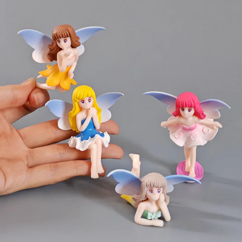 4 PCS Fairy Garden Figure Flower Wing Girls Miniature Action Figures Birthday Cake Topper Home Decoration Christmas Gift