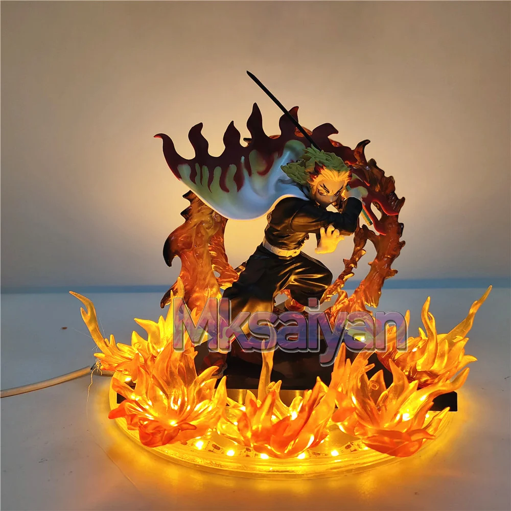 Demon Slayer Rengoku Kyoujurou Anime Figures Fire Led Scene DIY PVC Action Figure Toys Kimetsu no Yaiba Figurine Kids Doll 14cm