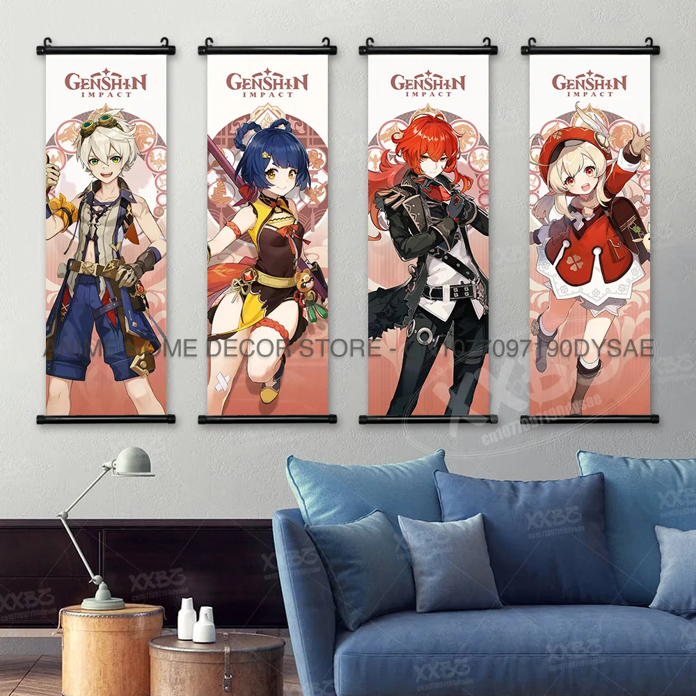 Genshin Impact Poster Arataki Itto Scroll Decorative Picture Barbara Home Decor Sucrose Wall Art Kamizato Ayato Hanging Painting