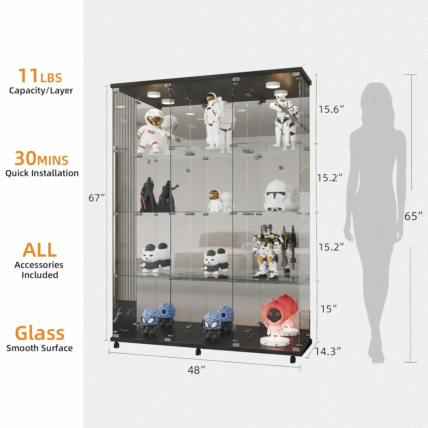 Glass Display Cabinet 12 Shelves with 3 Columns 2 Doors, LED Light, Mirror and Lock, Curio Cabinets Quick-Install, Customized