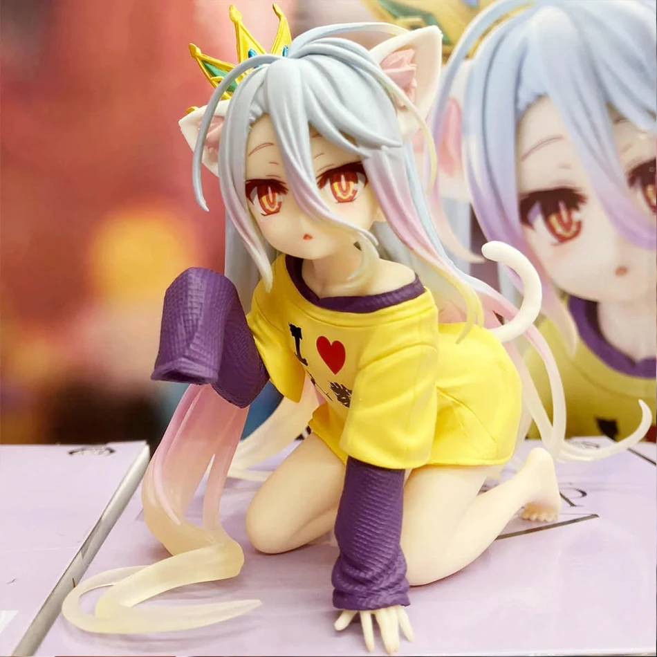 In stock anime no game no life: zero shiro desktop cute white figure for cat ear t-shirt 10cm model toy figure ornaments present