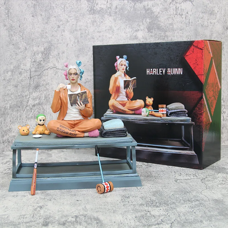 28cm Dc Anime Harley Quinn Joker Clown Figure  Read Book Sitting Posture Action Model Collection Statue Ornament Toys Gifts