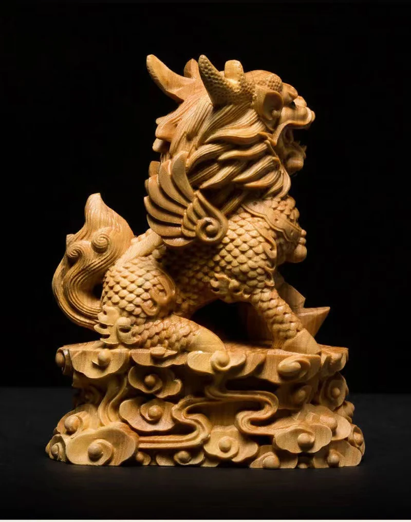 Natural log carving  Kirin Mascot Statue Chinese Characteristic God Beast， Home Room Office Luckily Feng Shui Statue A pair