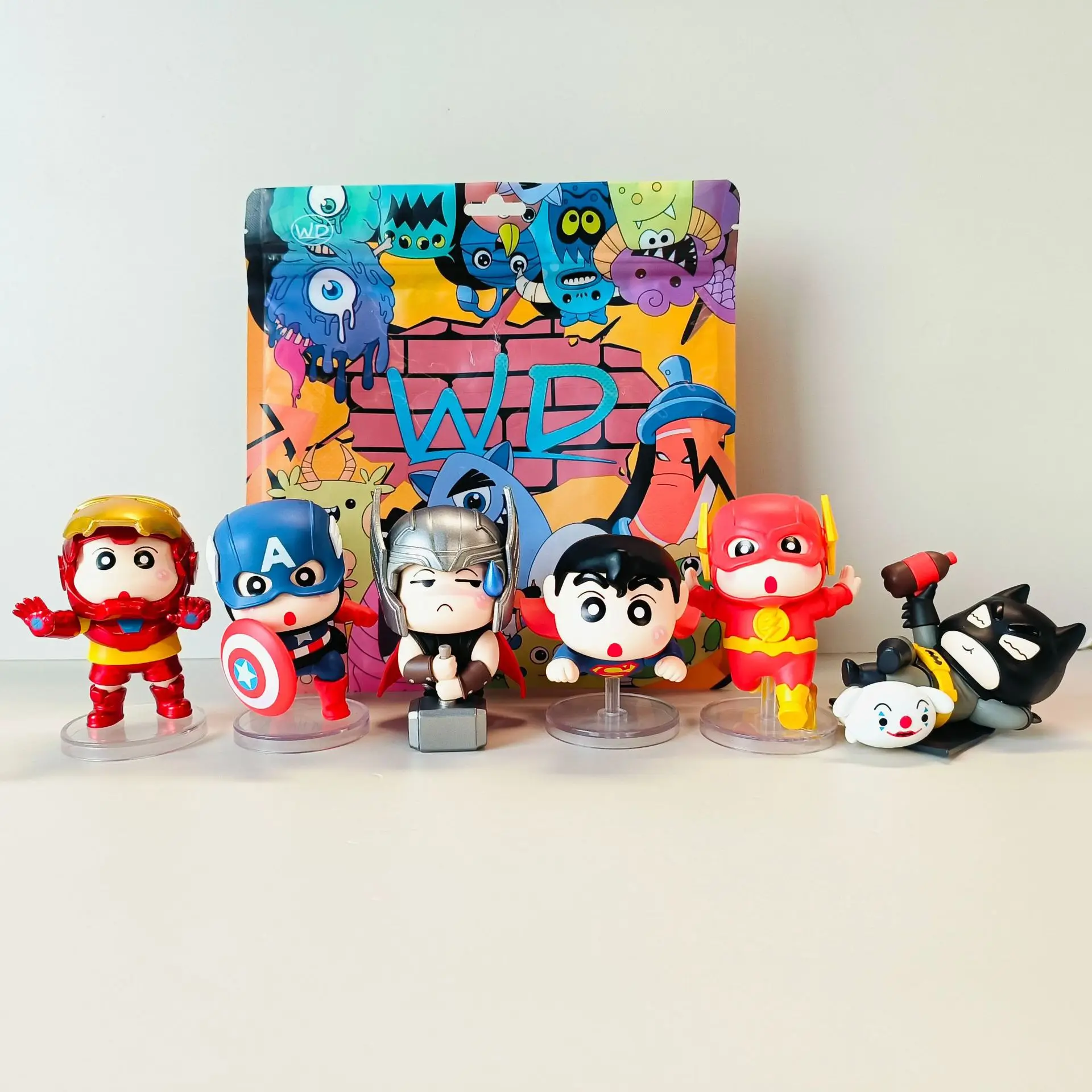 6pcs/set Anime Crayon Shin-chan Cos Captain America Iron Man q-version Action Figure PVC Model Toys Desk Decor Collectible Gifts