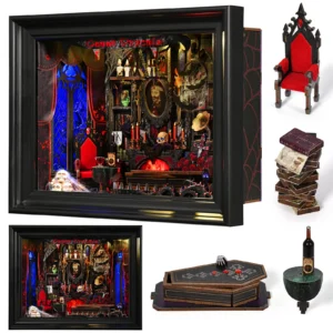 DIY Book Nook Kit Vampire Dracula Wooden Bookshop Dollhouse with Light Bookshelf Insert 3D Puzzle Decor for Gift