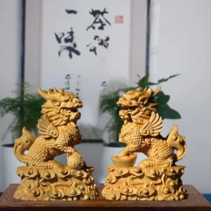 Natural log carving  Kirin Mascot Statue Chinese Characteristic God Beast， Home Room Office Luckily Feng Shui Statue A pair