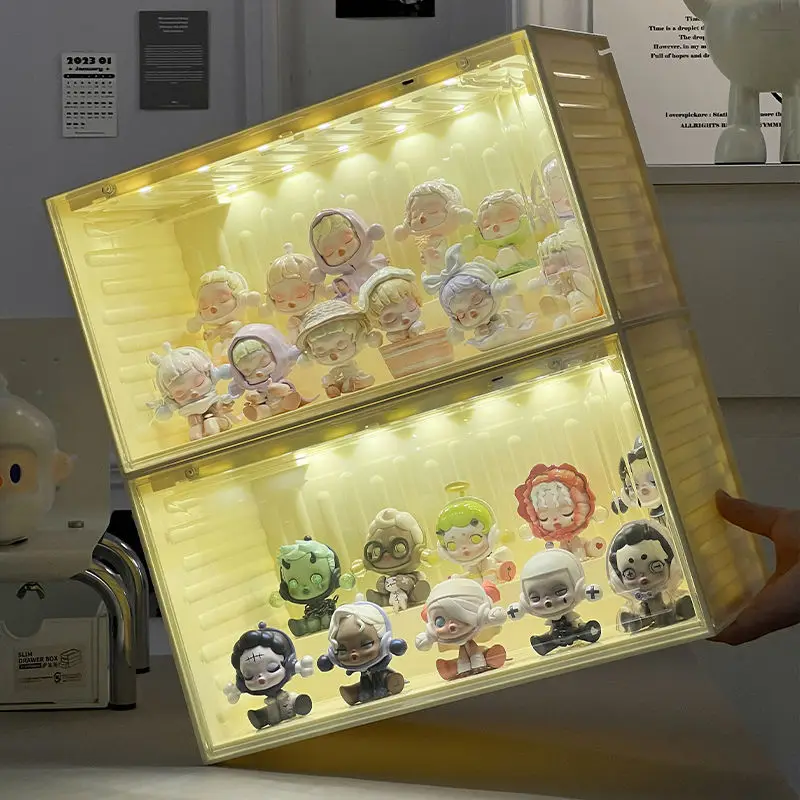 Blind Box Storage Display Rack with Voice-activated Sensor Light Stackable Organizer Acrylic Box Display Cabinet for Collectible