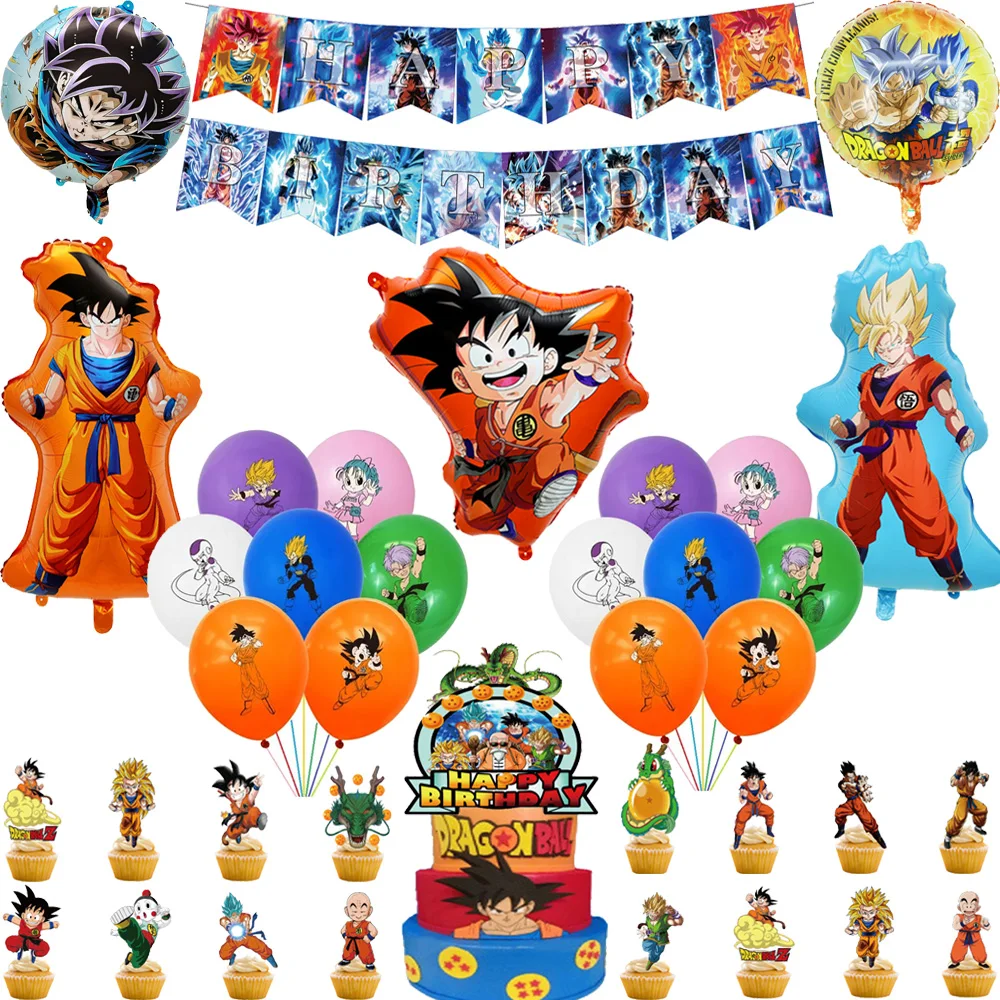 Dragon Ball Z Balloons Happy Birthday Banner Goku Vegeta Ballons Party Decoration Cup Plate Disposable Tableware Cake Topper Toy