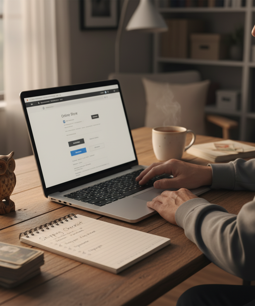 Collector reviewing store privacy and shipping information before purchase
