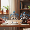 Collector comparing anime figure sizes on a shelf