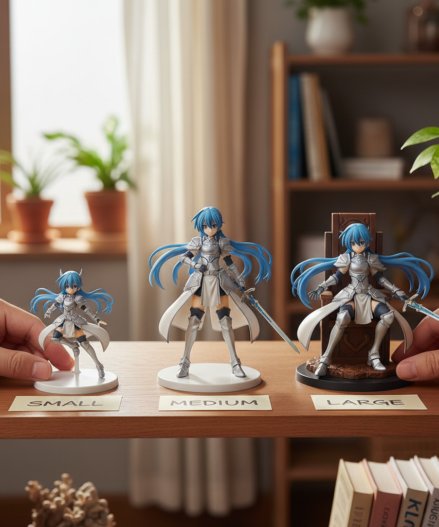 Collector comparing anime figure sizes on a shelf