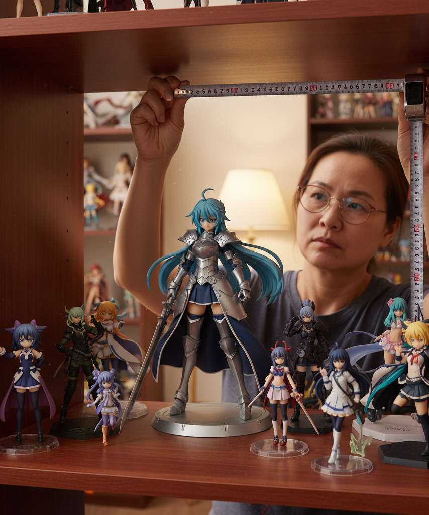 Collector measuring shelf space for a larger anime figure display