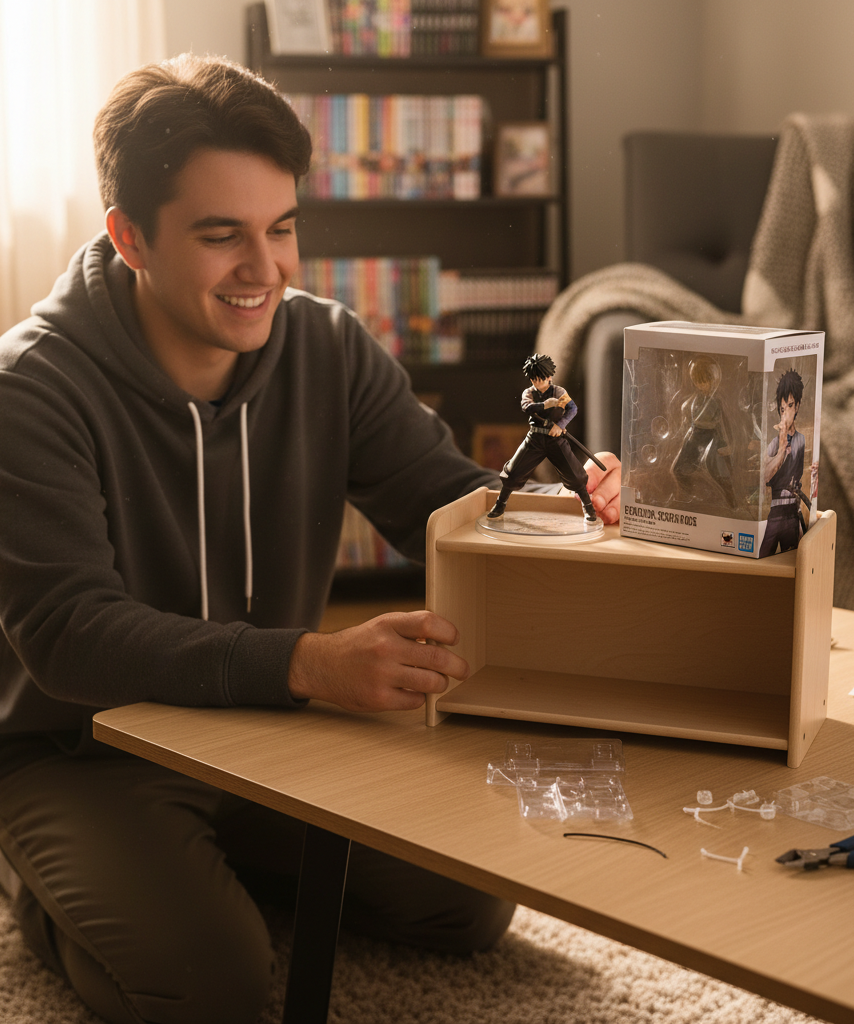 Beginner collector setting up a first anime figure display shelf