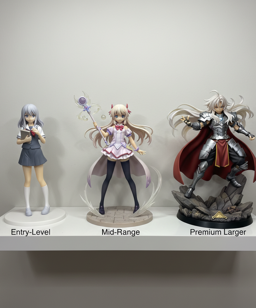 Comparison of beginner anime figure budget tiers on a shelf