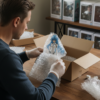 Collector carefully packing an anime figure for shipment