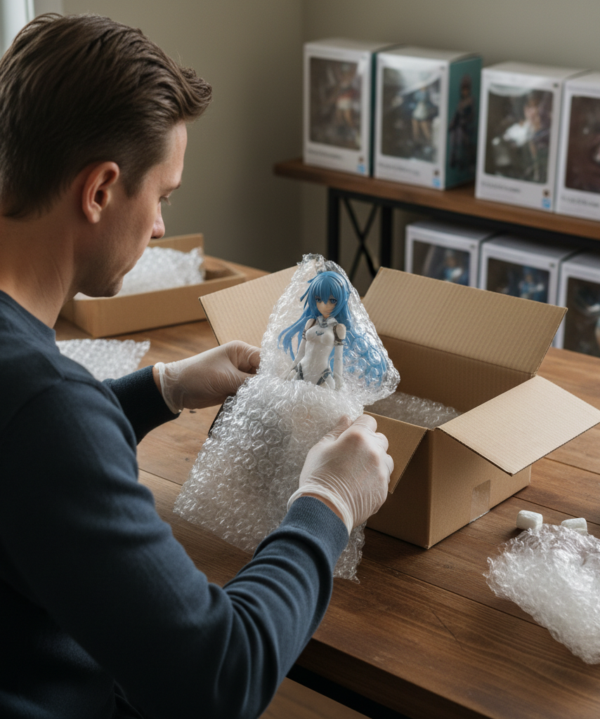Collector carefully packing an anime figure for shipment