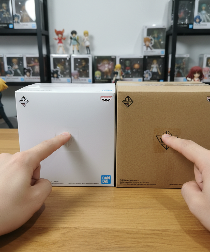 Collector checking whether an anime figure box is authentic before buying