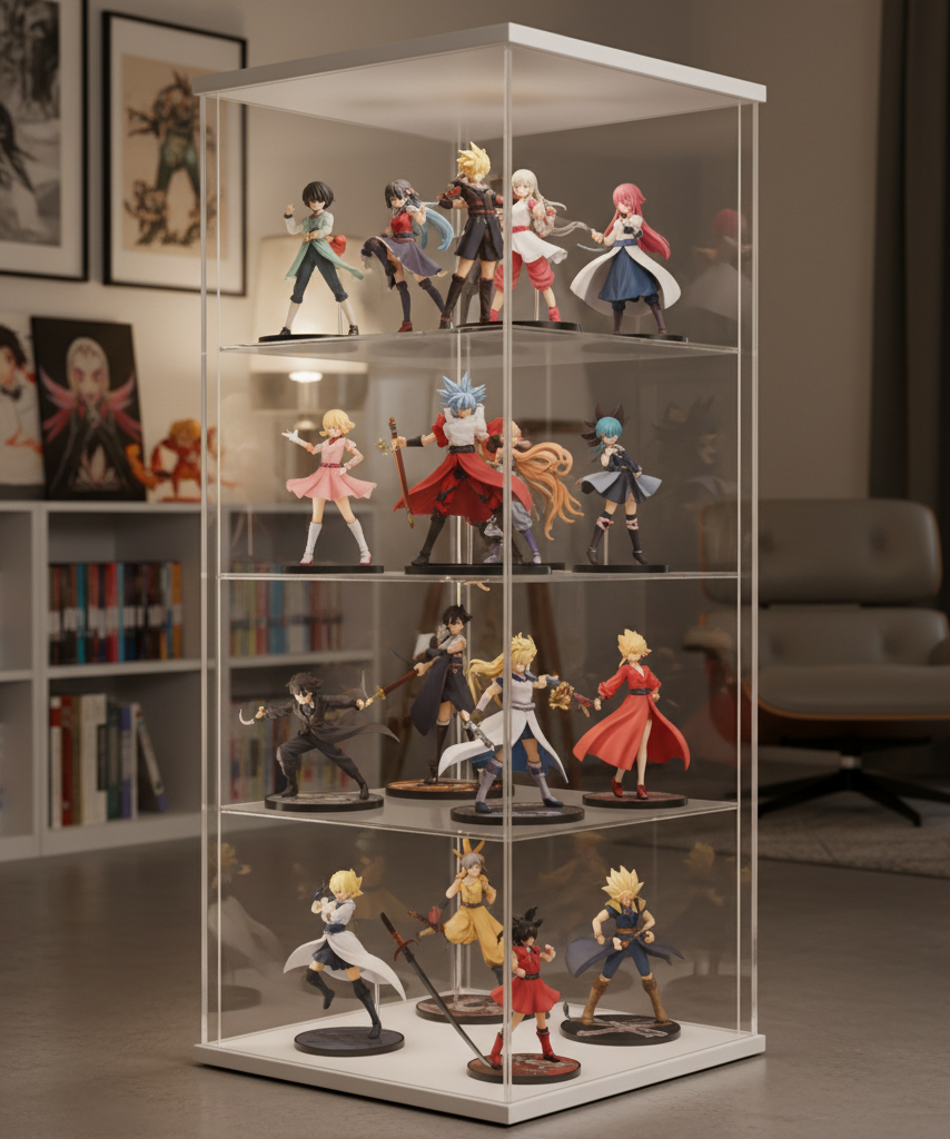 Anime figures displayed inside a clear acrylic dustproof display case