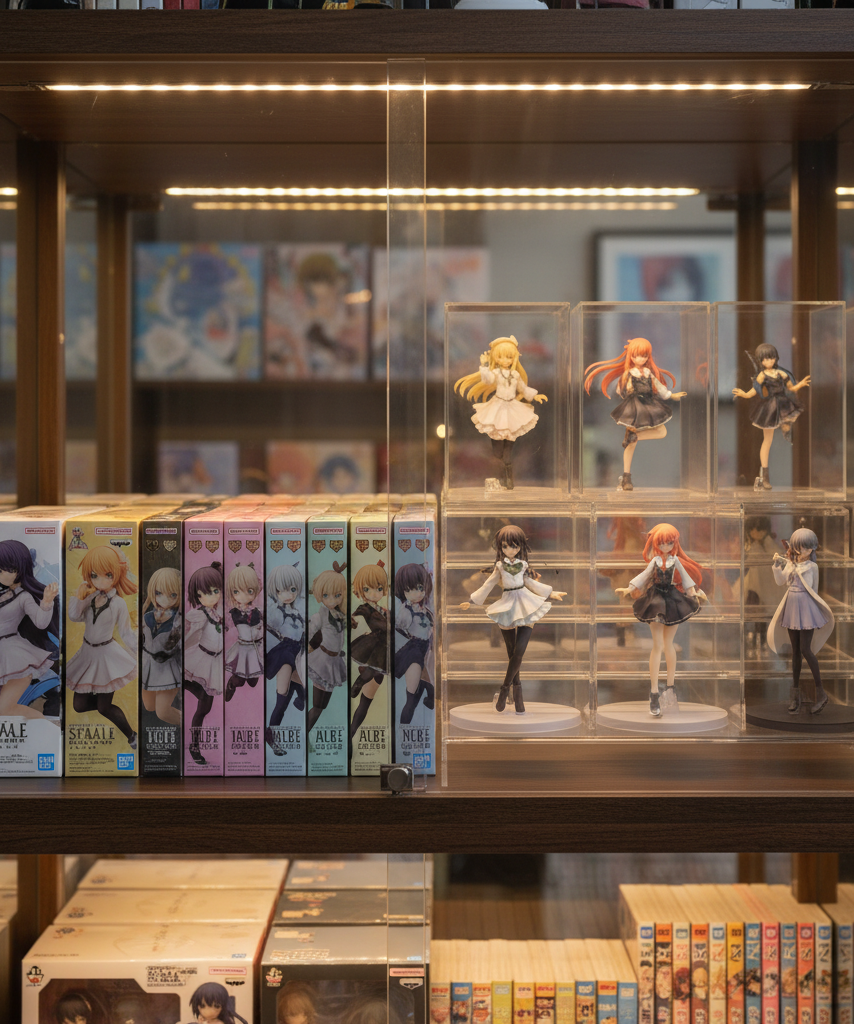 Licensed anime figures displayed on a collector shelf