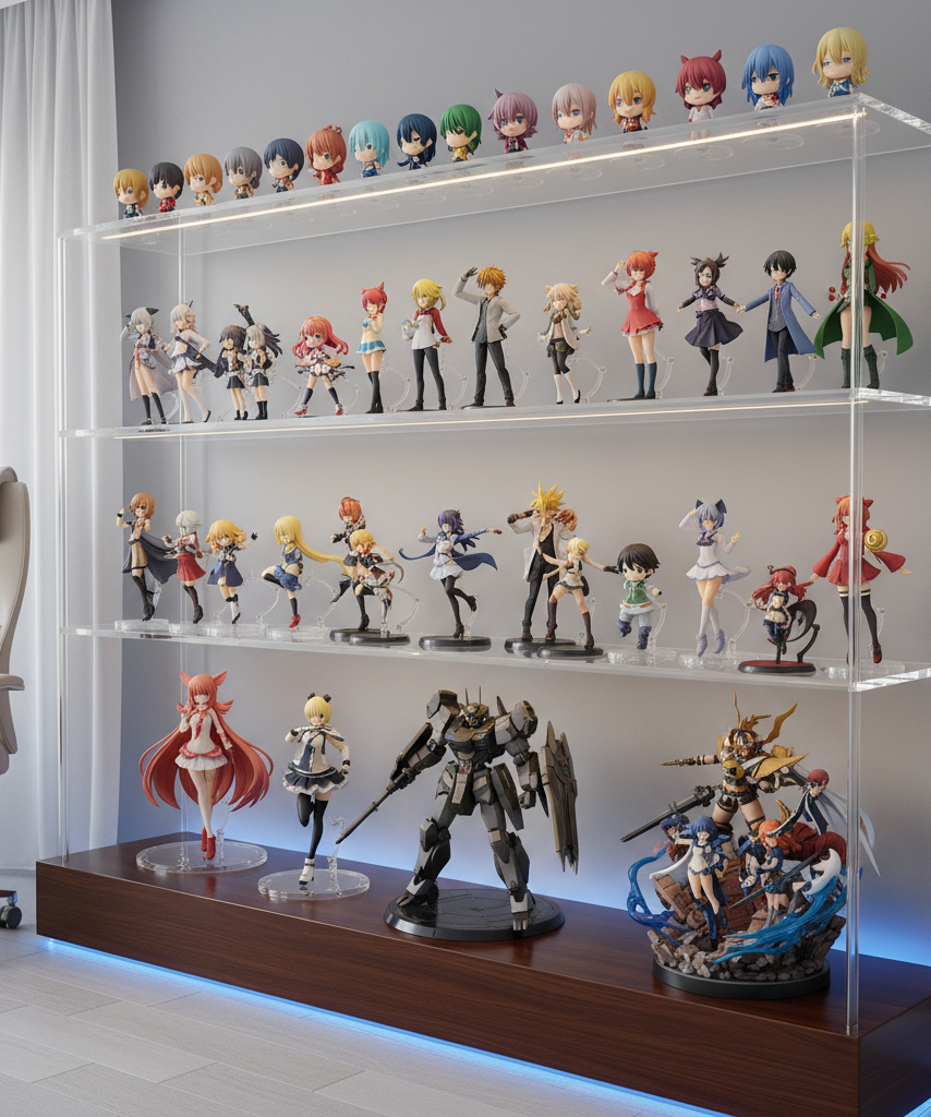 Anime figure display shelf with spacing by size