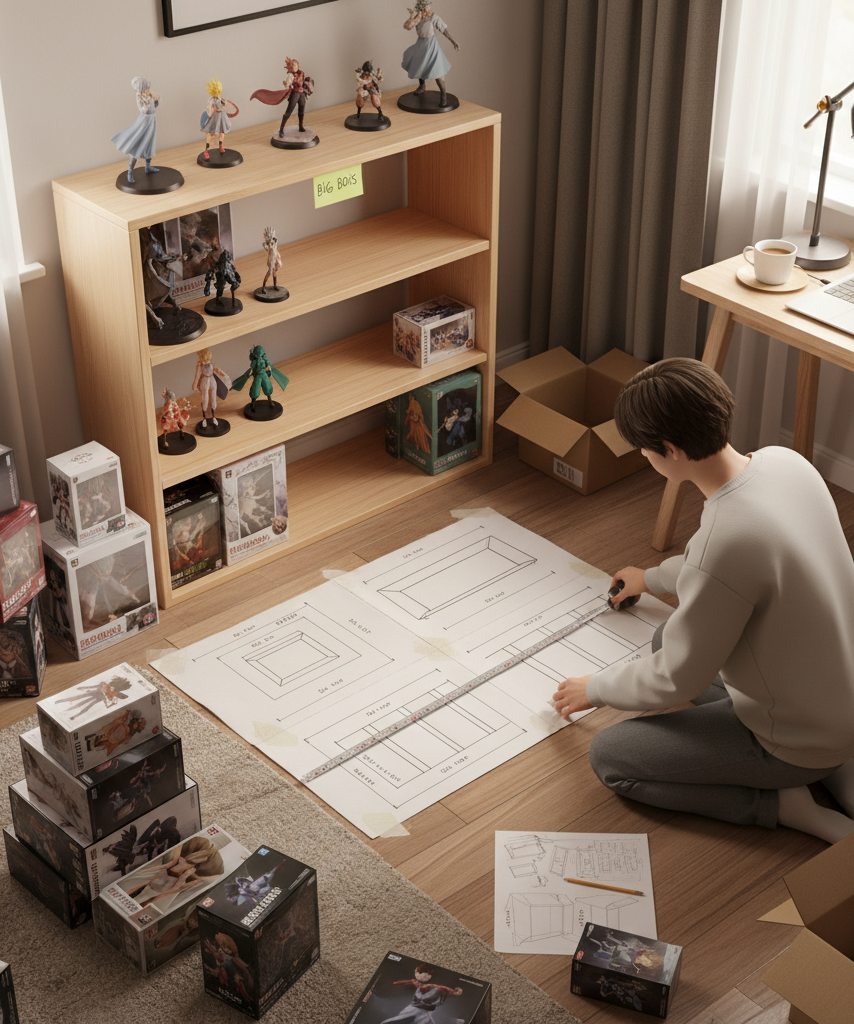 Collector planning future shelf expansion for anime figures