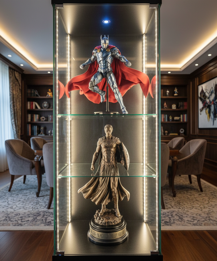 Premium superhero display comparing action pose figure and museum-style statue