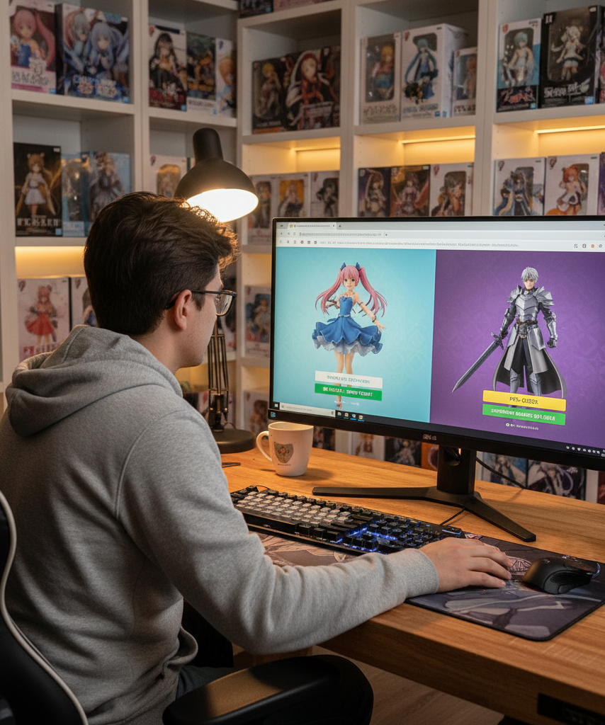 Collector deciding between an in-stock anime figure listing and a pre-order listing