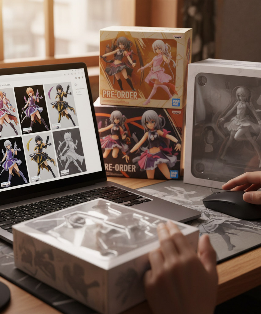 Collector comparing finished in-stock figure photos with pre-order announcement materials