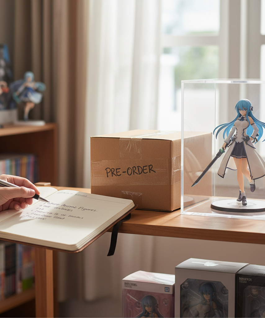 Collector planning future anime figure purchases with pre-order and in-stock options side by side