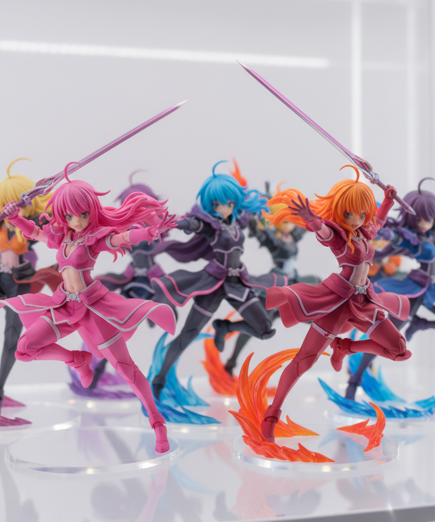 Close-up of anime figures available for pre-order