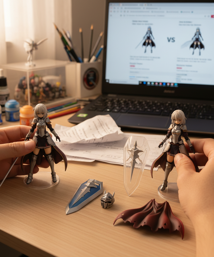 Collector comparing a standard anime figure edition with a limited edition bonus version