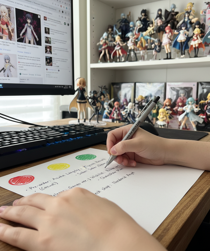 Collector creating a simple priority system for anime figure pre-orders based on urgency