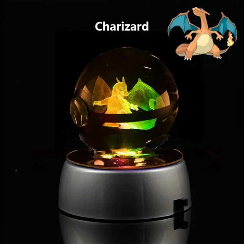 Pokemon Crystal Ball 3D Toys Snorlax Mewtwo Pikachu Figures Pokémon Engraving Model with LED Light Base Kids Gift Collectable