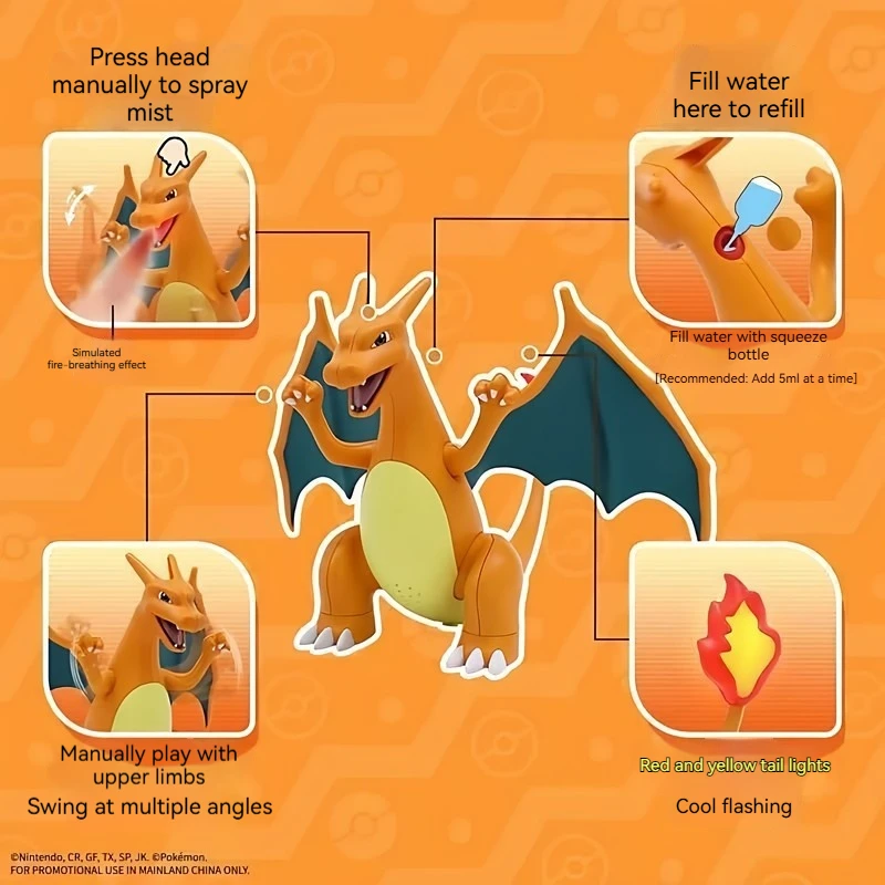 Kawaii PokéMon Charmander Eevee Articulated Action Figures Portable Humidifier Electric Model Spray Play Acousto-Optic Toys Gift