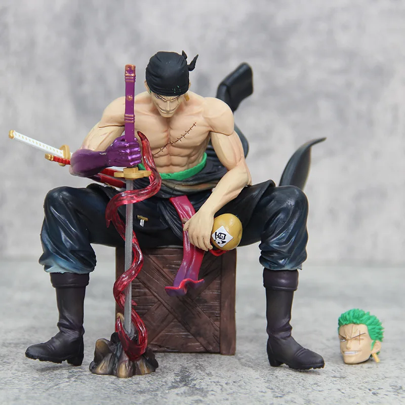 15cm One Piece Zoro Anime Figures Sit Roronoa Zoro Action Figurine 2 Heads Pvc Statue Room Collection Model Decoration Toys Gift