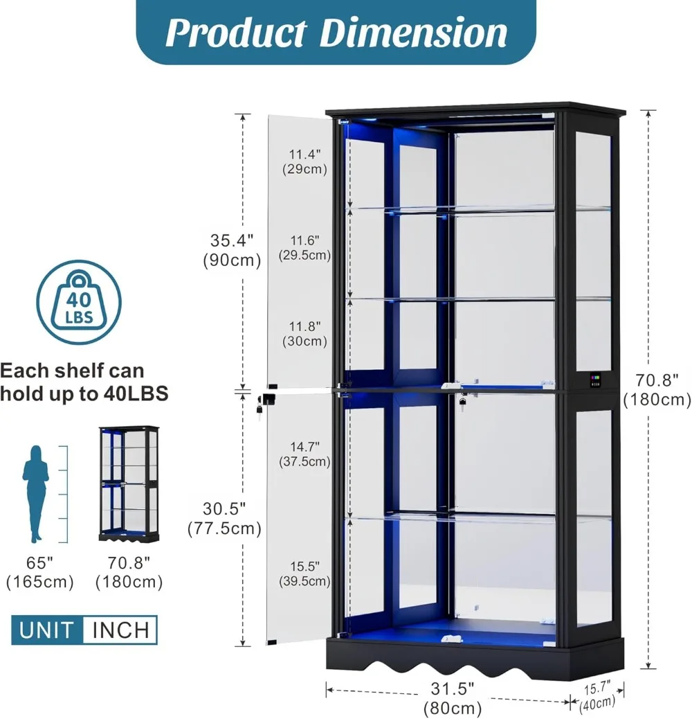 71″ Tall Glass Display Cabinet with RGB Lights, Lockable Doors & Removable Shelves for Collectibles