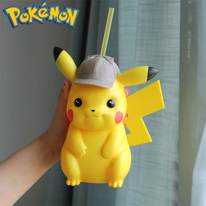Pokemon Pikachu Water Cup Anime Figure Movie Straw Cup Pikachu Cup Outdoor Detective Cosplay Toys for Friends Birthday Gift