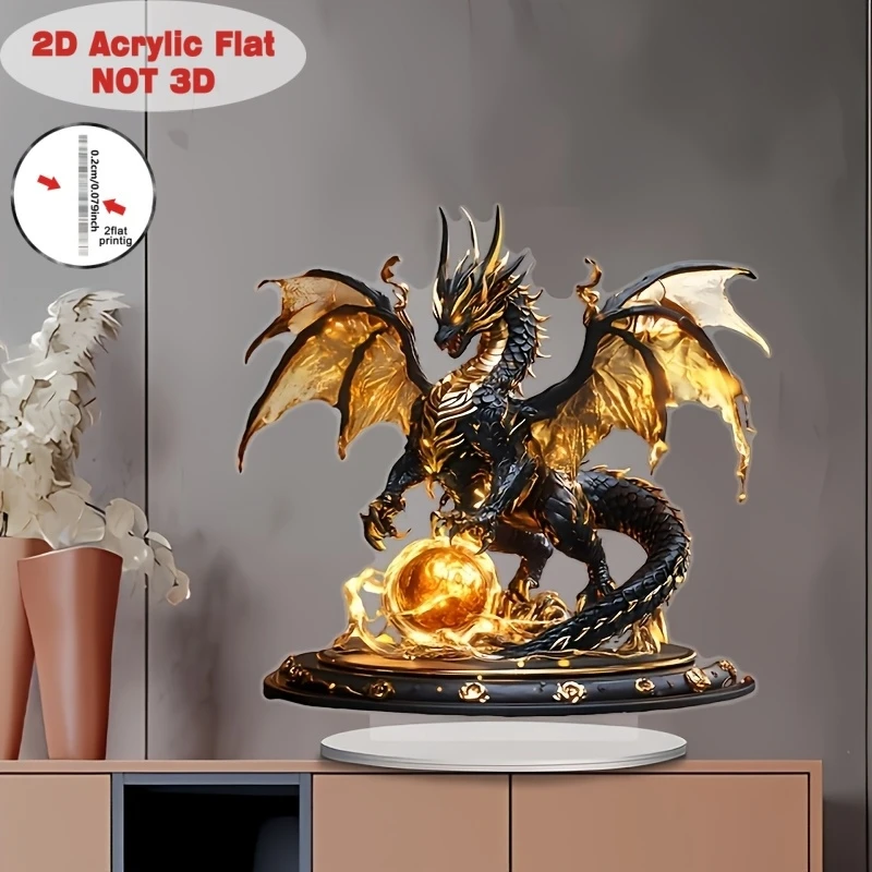 Retro Black Gold Fantasy Flame Dragon Acrylic Figurine Flat Home Desk Decoration Dragon Pattern Birthday Gift