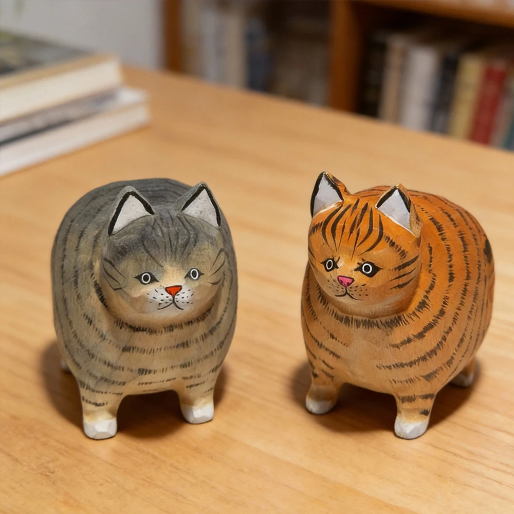 Cute Handmade Wooden Tabby Ginger Cat Figurine Carving Ornament Home Desktop Car Statue kitten Office Decor decorative wooden