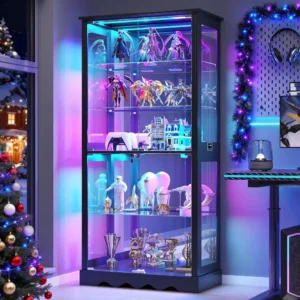 71" Tall Glass Display Cabinet with RGB Lights, Lockable Doors & Removable Shelves for Collectibles