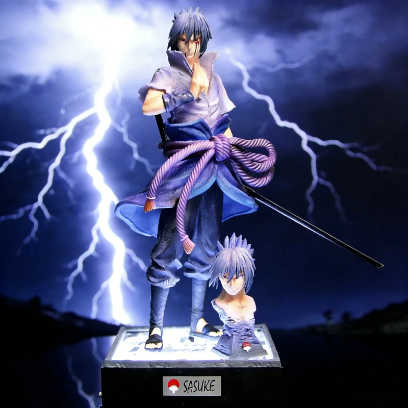36cm Ninja Anime GK Uchiha Sasuke Rebirth 2.0 Two Headed Action Figure Light Up Base Collectible Model Statue Toy Ornament Gift