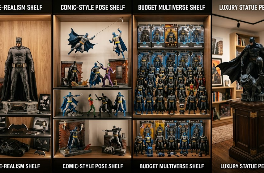 Batman collector room display split by movie, comic, budget, and statue-first buying styles