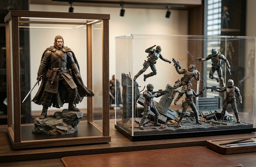 Collector display showing centerpiece sixth-scale and dynamic 1/12-scale figure setups